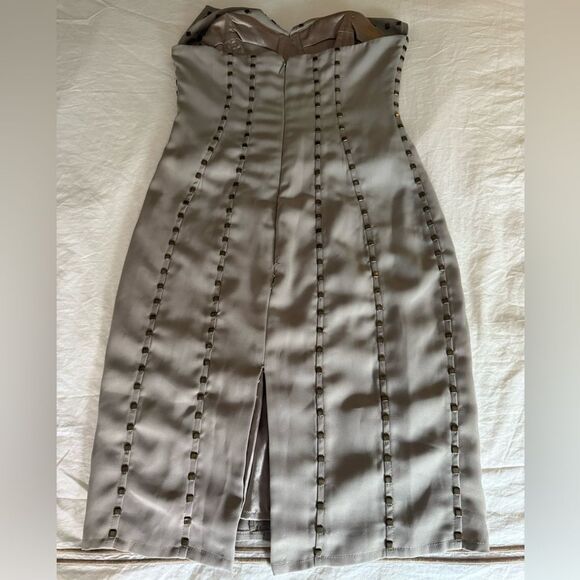 Rachel Gilbert Collared Strapless Dress with Square Studs. Mushroom. Size 0. - Picture 4 of 11